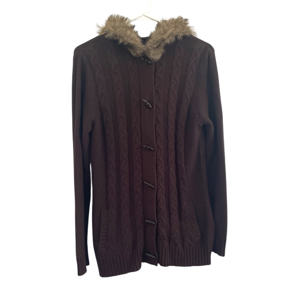 NWOT BASIC EDITIONS FAUX FUR HOODED SWEATER/CARDIGAN